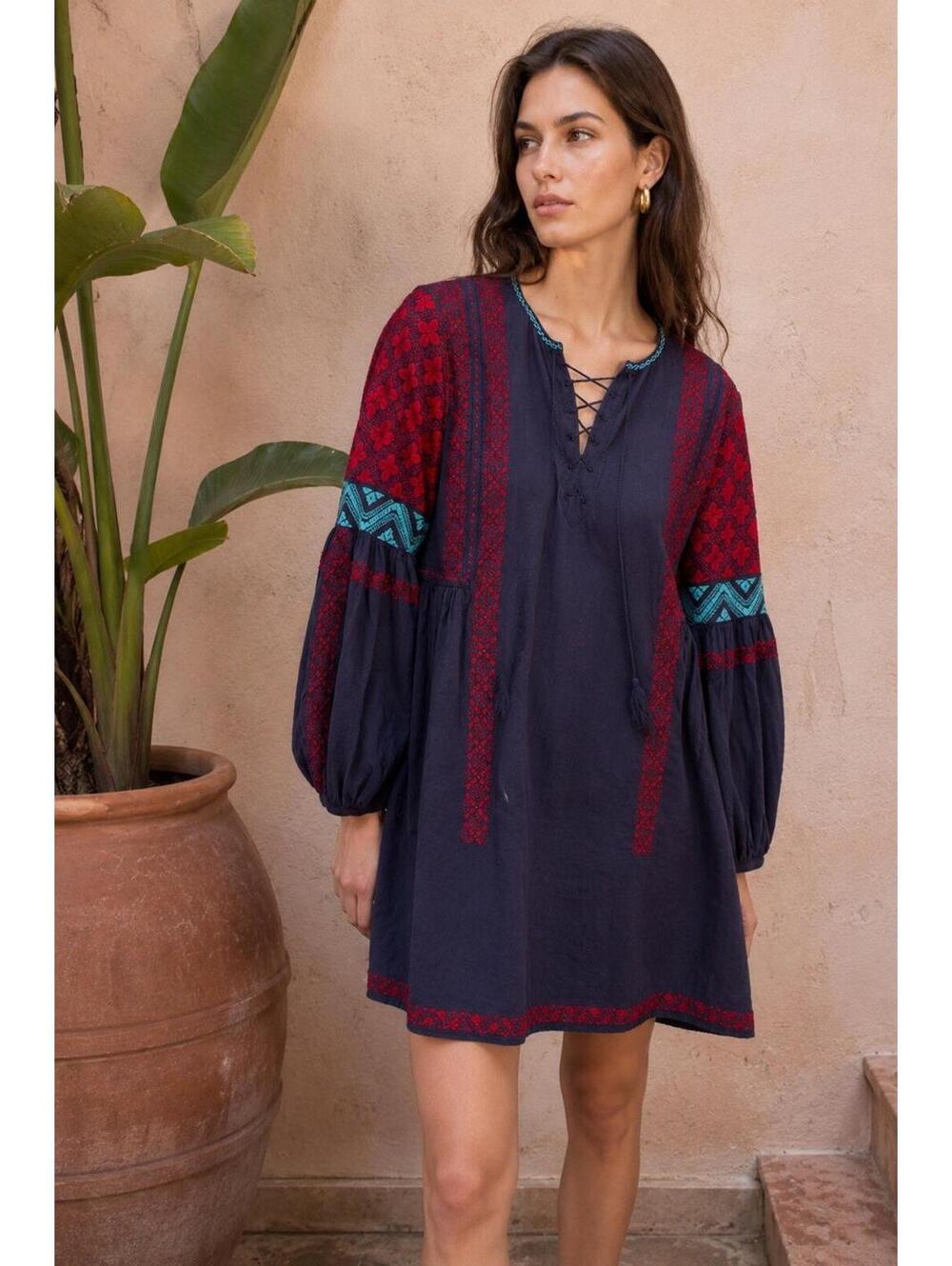 Ulla Johnson Navy Tunic Dress with Red and Teal Embroidery